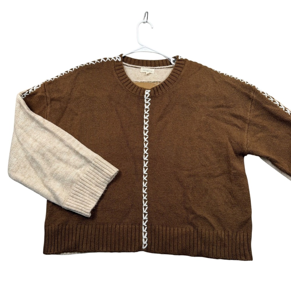 Promesa Sweater Womens Medium Brown Colorblock Whipstitch Knit Pullover UTB0889